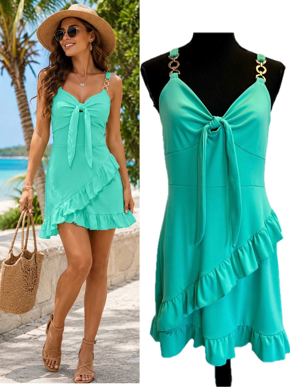 Turquoise Ruffle Mini Dress Gold Hardware Tie Front Resort Beach Vacation Size L